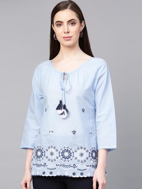 tie up neck embroidered detail top - 16909823 - Standard Image - 1