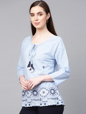 tie up neck embroidered detail top - 16909823 - Standard Image - 2