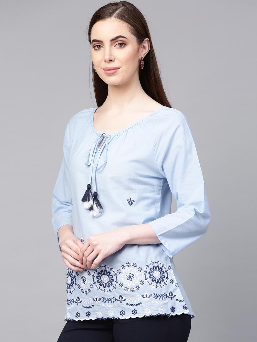 tie up neck embroidered detail top - 16909823 - Zoom Image - 2