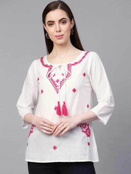 tie up neck embroidered detail top - 16909824 - Standard Image - 1