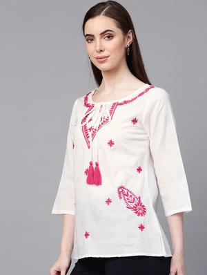 tie up neck embroidered detail top - 16909824 - Standard Image - 2
