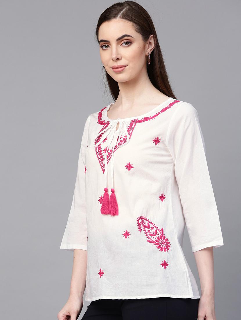 tie up neck embroidered detail top - 16909824 - Zoom Image - 2