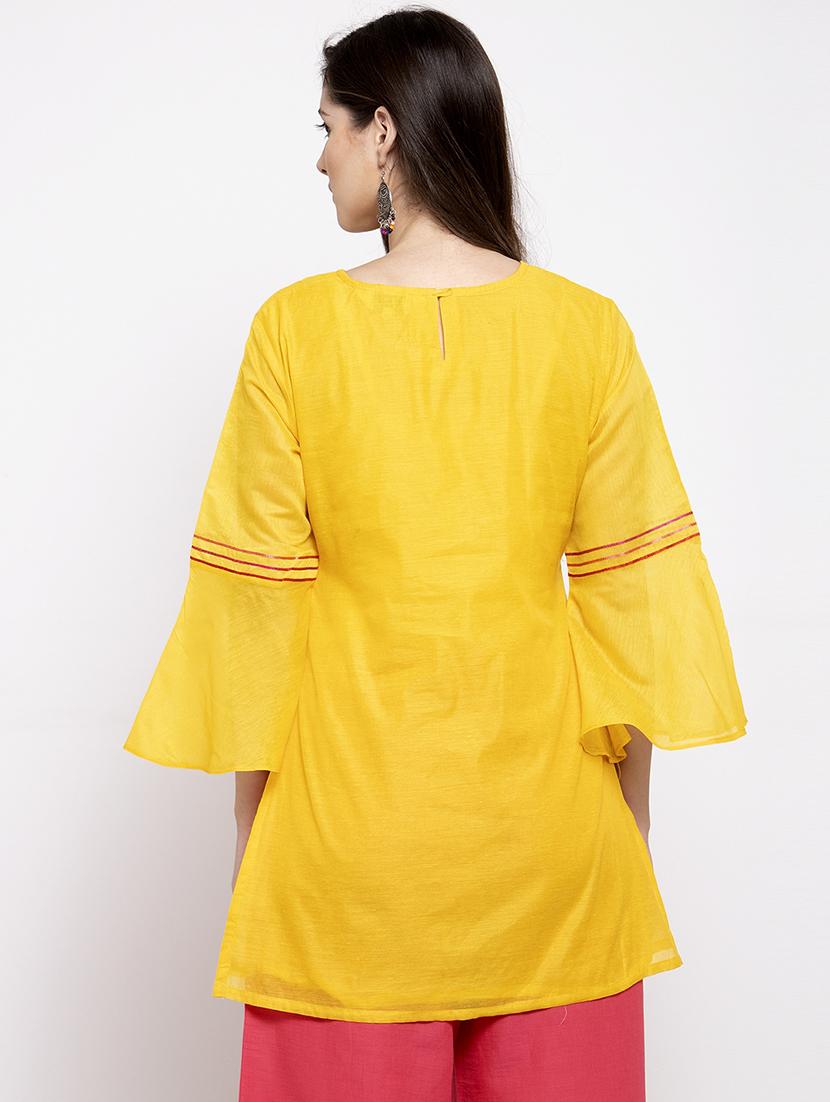 yellow silk aline kurti - 16910559 - Zoom Image - 2