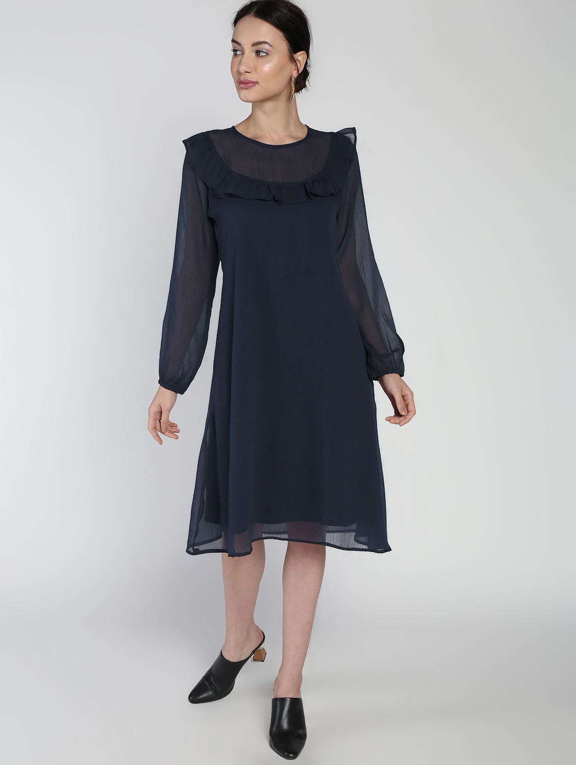 sheer panel frill detail a-line dress - 16911314 - Zoom Image - 3