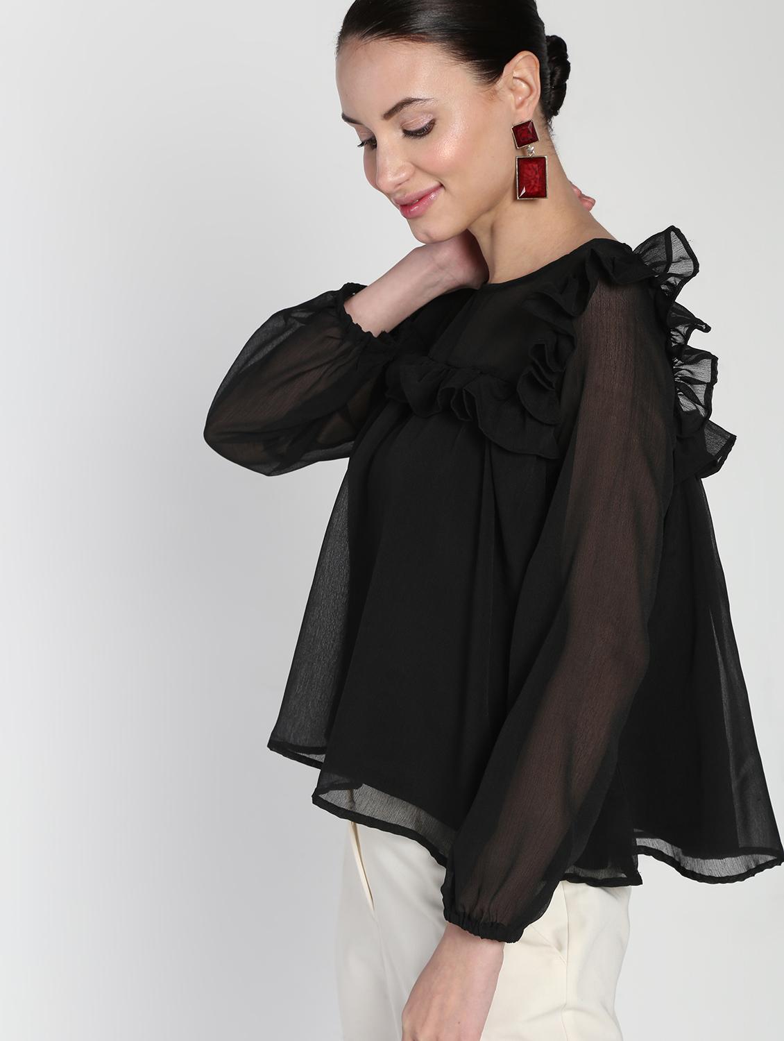 black chiffon ruffle top - 16911319 - Zoom Image - 1
