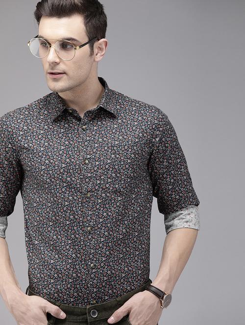 navy blue floral print casual shirt - 16912413 - Very Small Image - 1