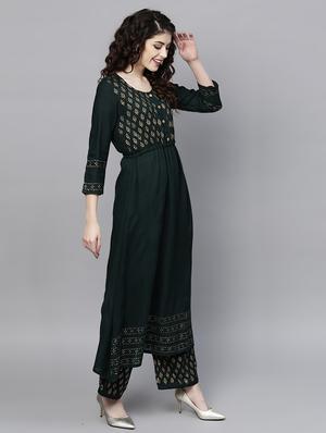 bottle green kurta palazzo set - 16913184 - Standard Image - 2