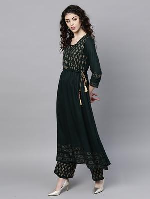 bottle green kurta palazzo set - 16913184 - Standard Image - 3