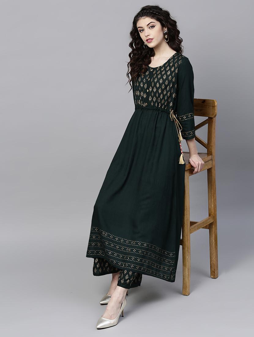 bottle green kurta palazzo set - 16913184 - Zoom Image - 1