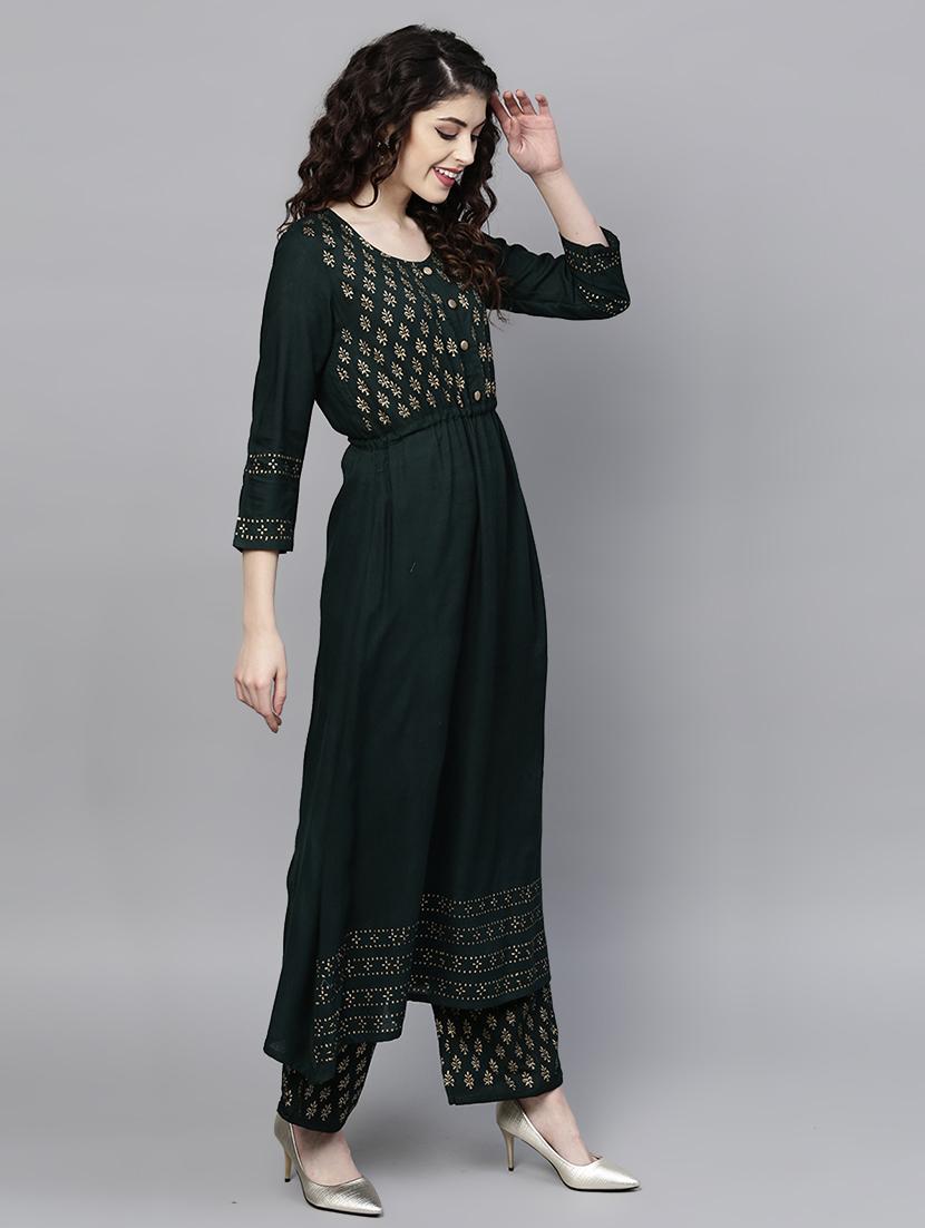 bottle green kurta palazzo set - 16913184 - Zoom Image - 2