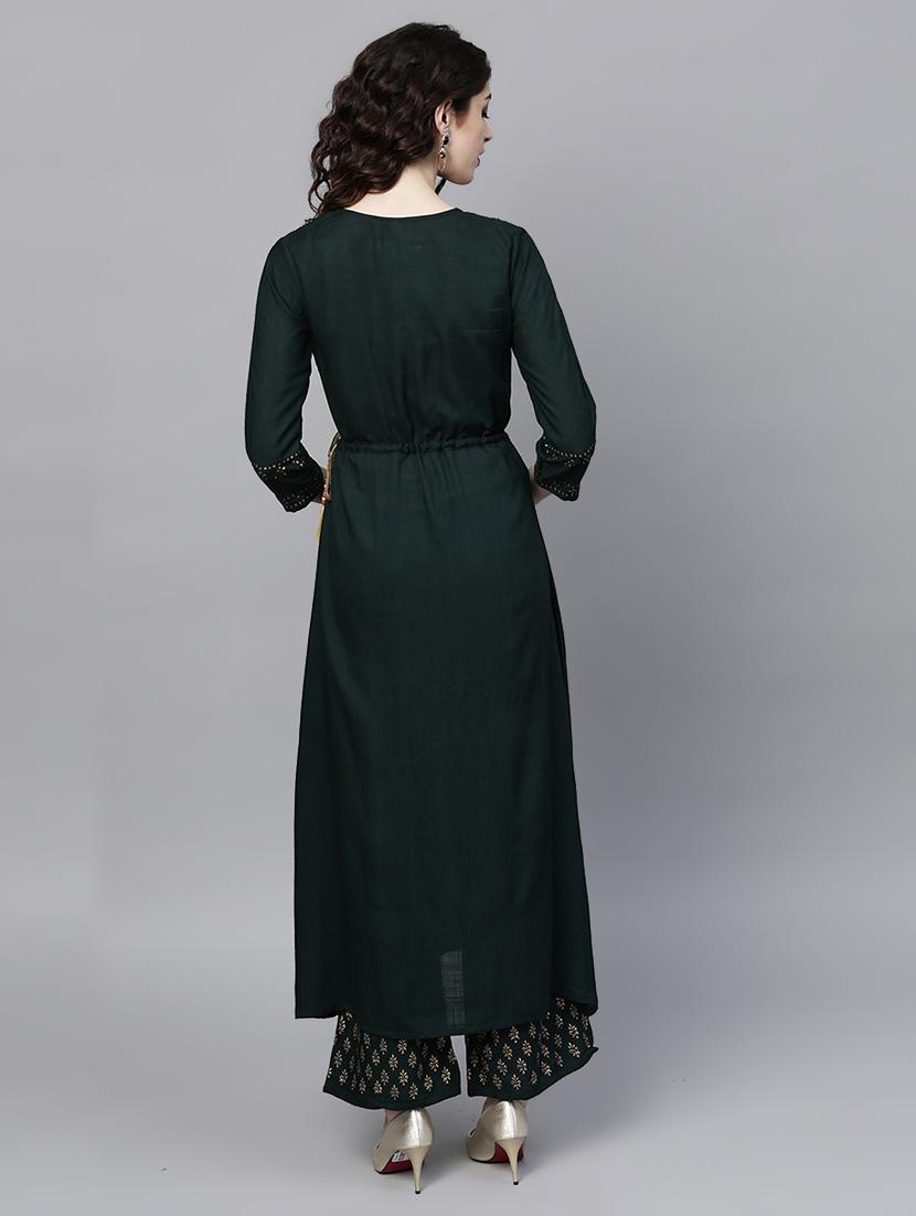 bottle green kurta palazzo set - 16913184 - Zoom Image - 4