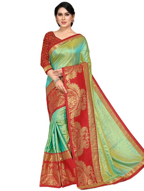 solid bordered woven saree with blouse - 16915132 - Very Small Image - 1