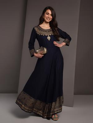 gold print flared kurta - 16919959 - Standard Image - 2