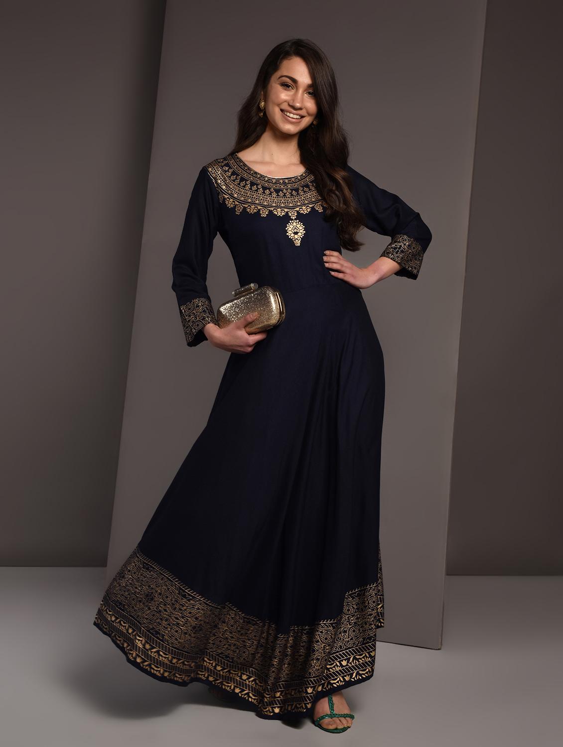 gold print flared kurta - 16919959 - Zoom Image - 2