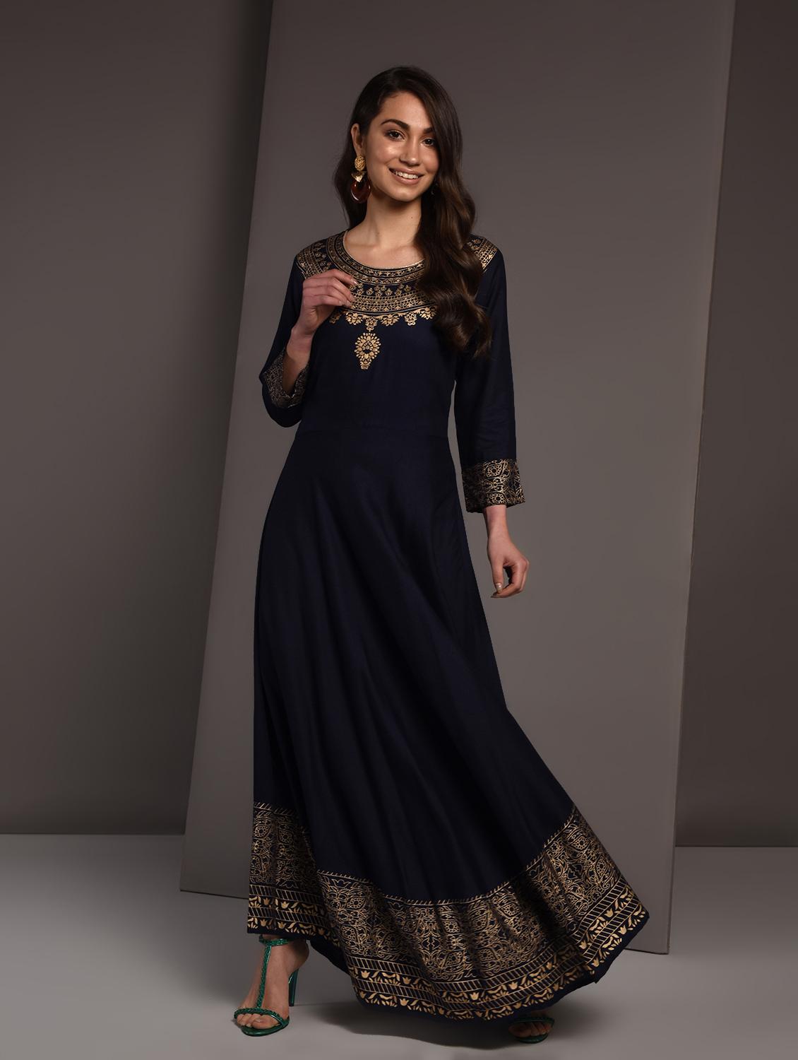 gold print flared kurta - 16919959 - Zoom Image - 3