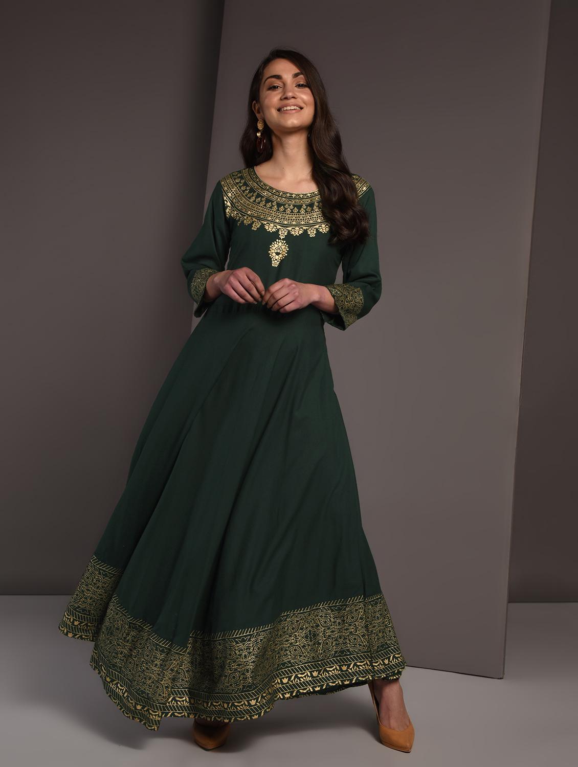 gold print flared kurta - 16919960 - Zoom Image - 1