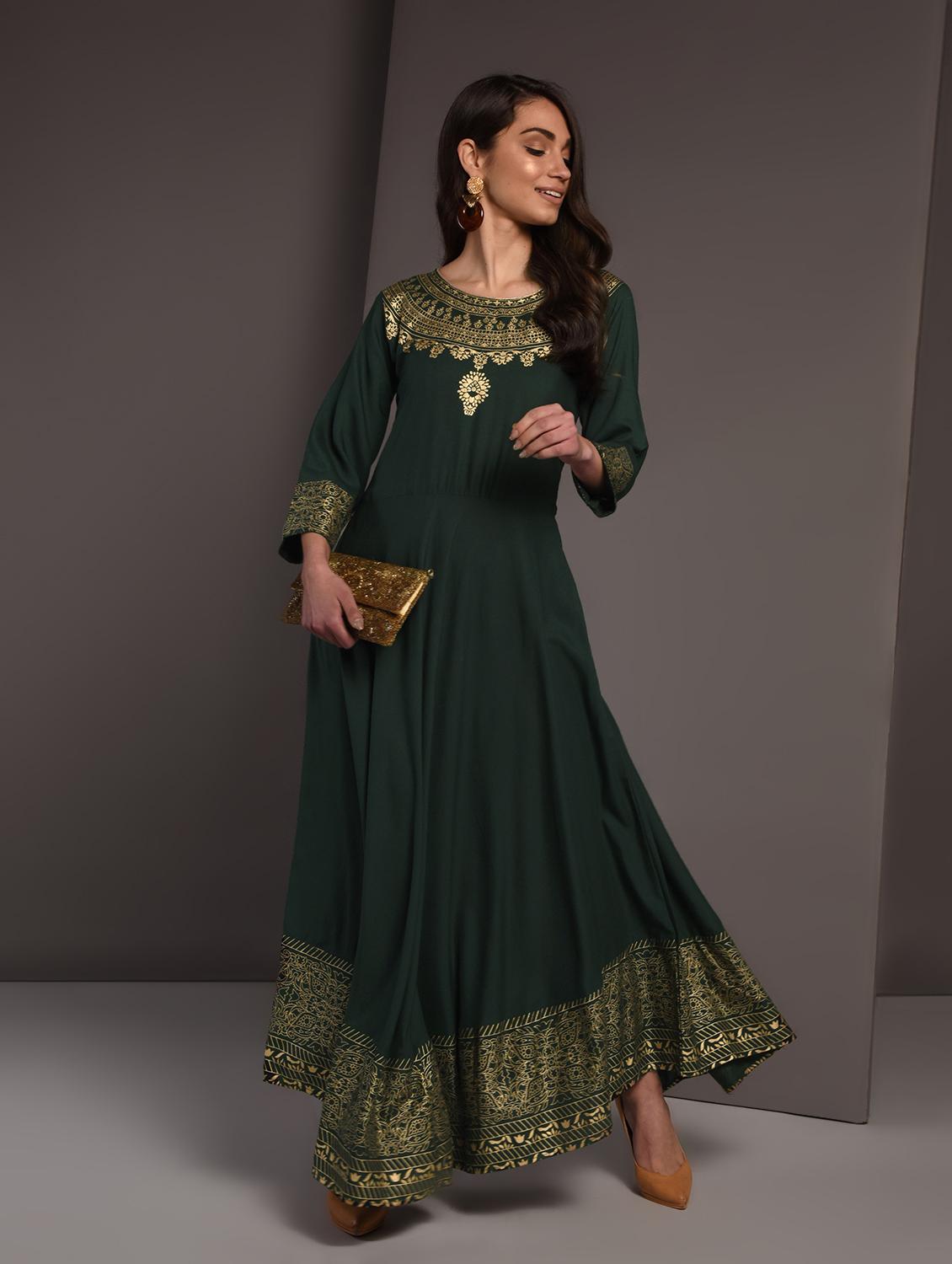 gold print flared kurta - 16919960 - Zoom Image - 2