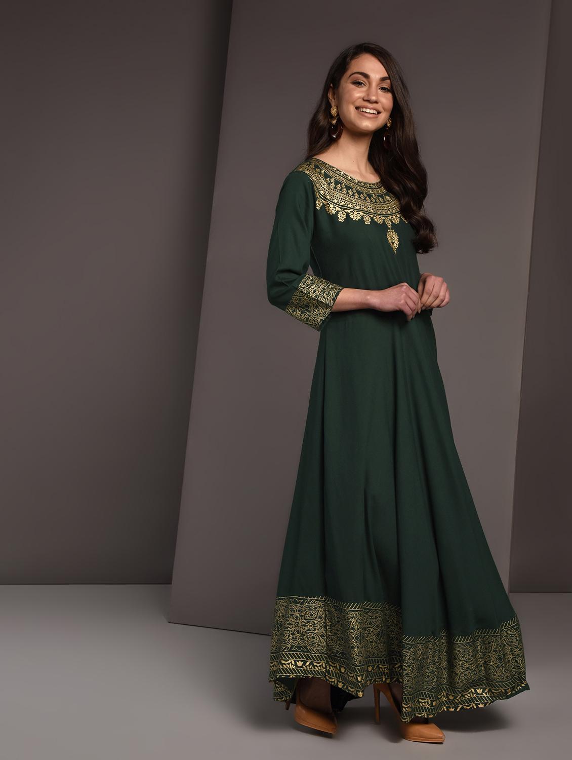 gold print flared kurta - 16919960 - Zoom Image - 3