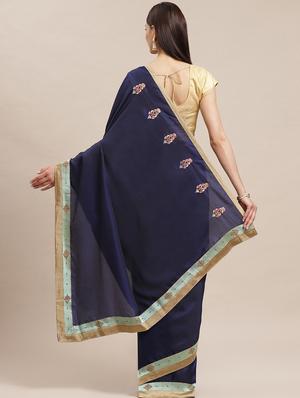 navy embroidered saree with blouse - 16923355 - Standard Image - 2