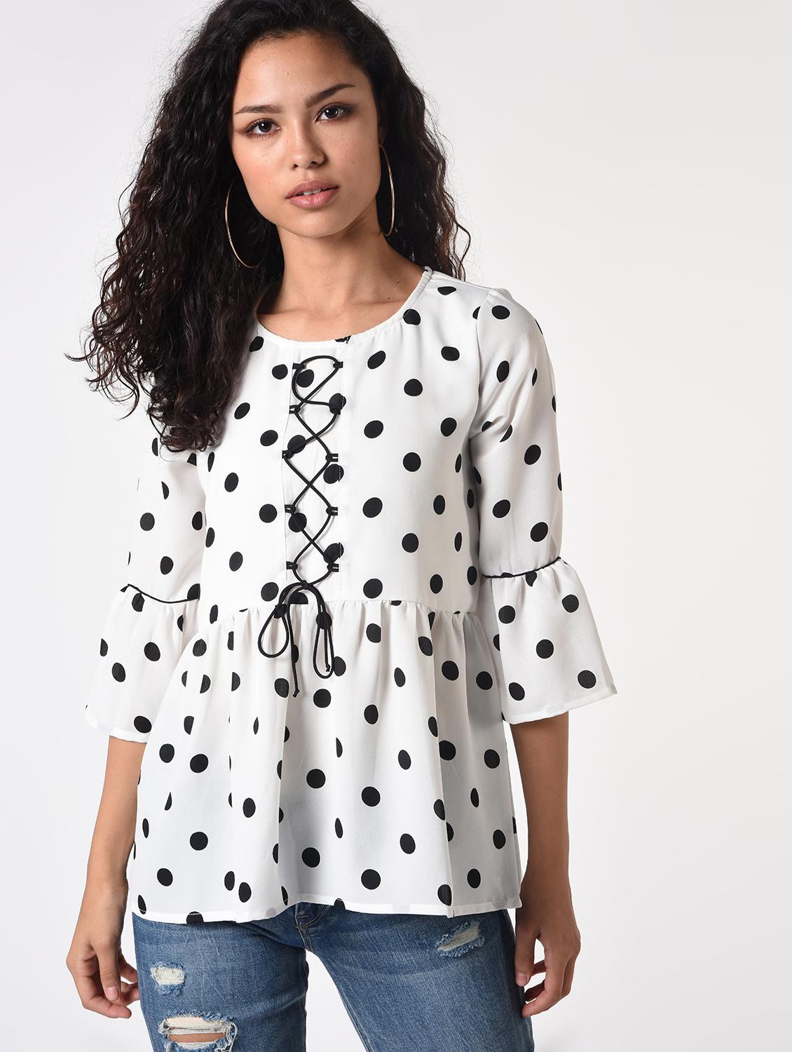 lace up front polka dot a-line top - 16926045 - Zoom Image - 3
