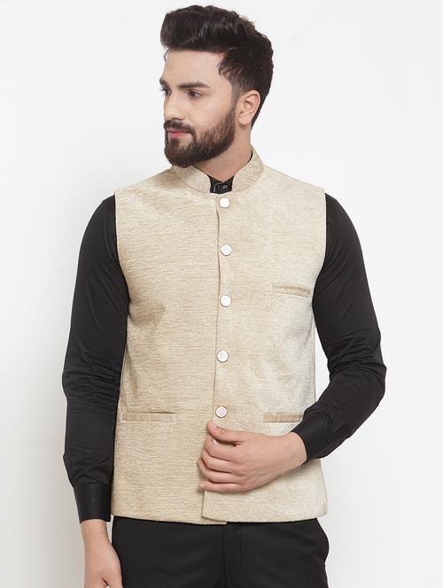 beige solid silk nehru jacket - 16927425 - Standard Image - 1