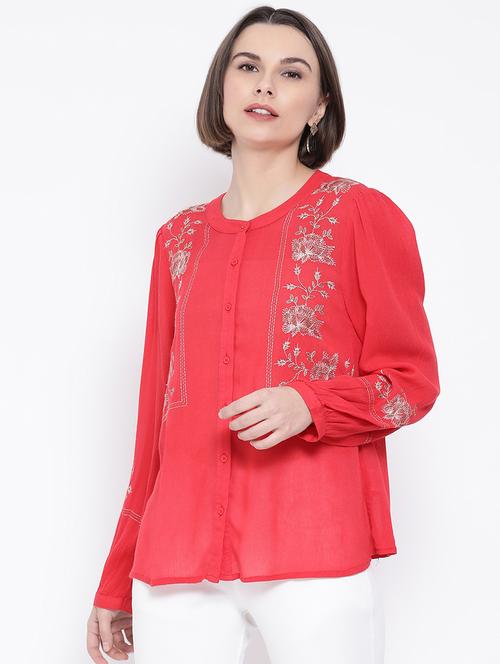 embroidered detail mandarin neck shirt - 16936614 - Standard Image - 1