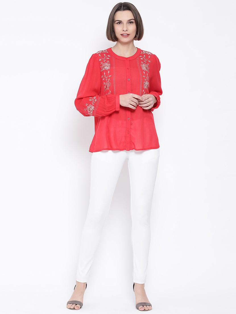 embroidered detail mandarin neck shirt - 16936614 - Zoom Image - 4