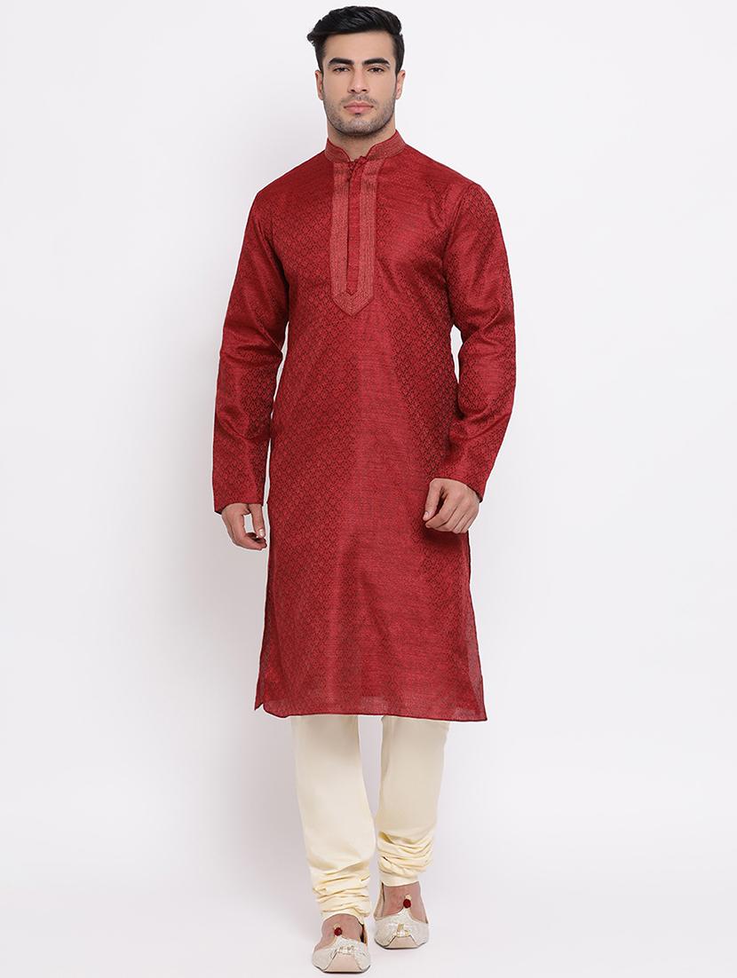 red pure silk jacquard kurta churidar set - 16943247 - Zoom Image - 1