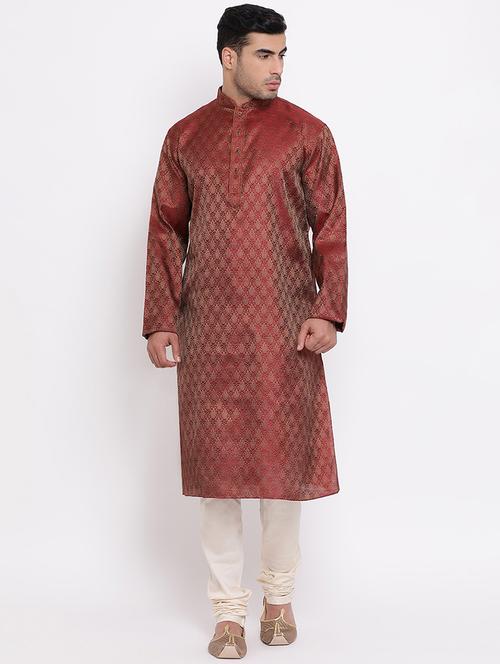 red pure silk jacquard kurta churidar set - 16943257 - Standard Image - 1