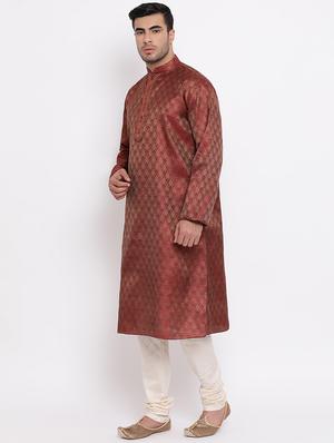 red pure silk jacquard kurta churidar set - 16943257 - Standard Image - 2