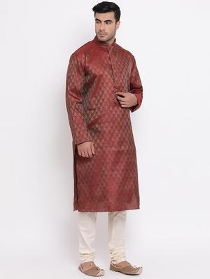 red pure silk jacquard kurta churidar set - 16943257 - Standard Image - 3