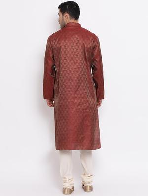 red pure silk jacquard kurta churidar set - 16943257 - Standard Image - 4