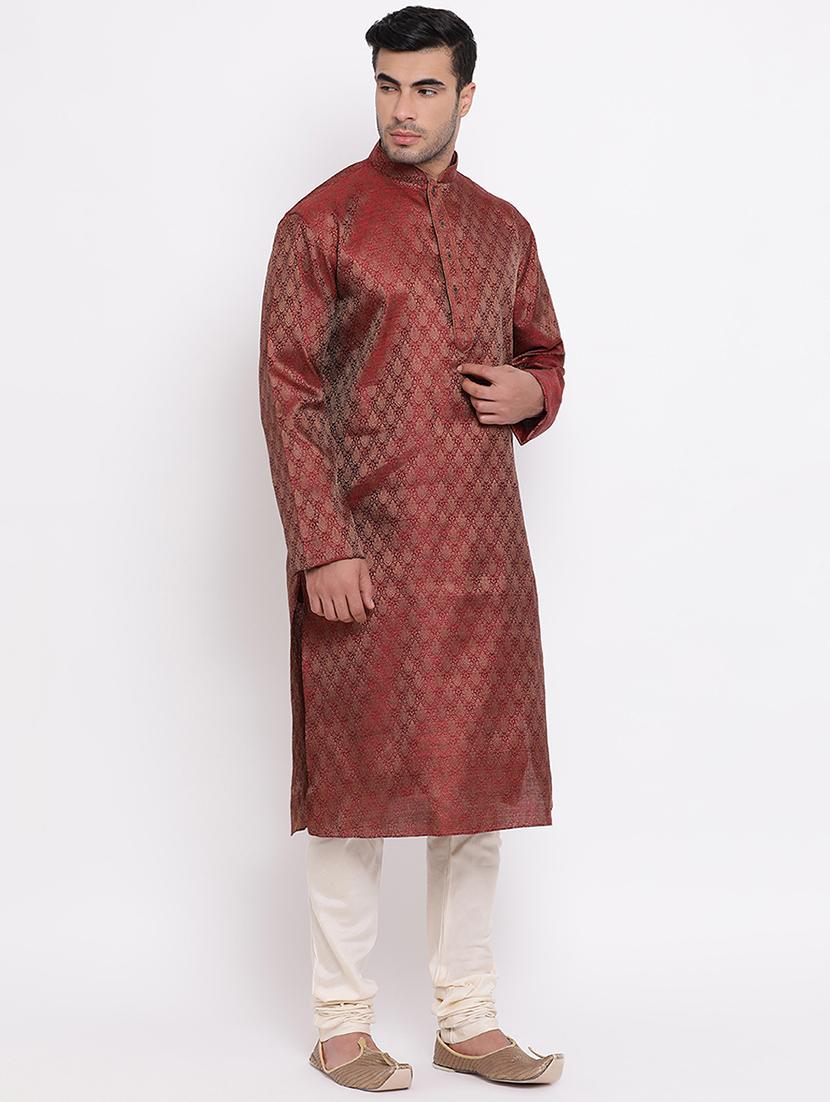 red pure silk jacquard kurta churidar set - 16943257 - Zoom Image - 3