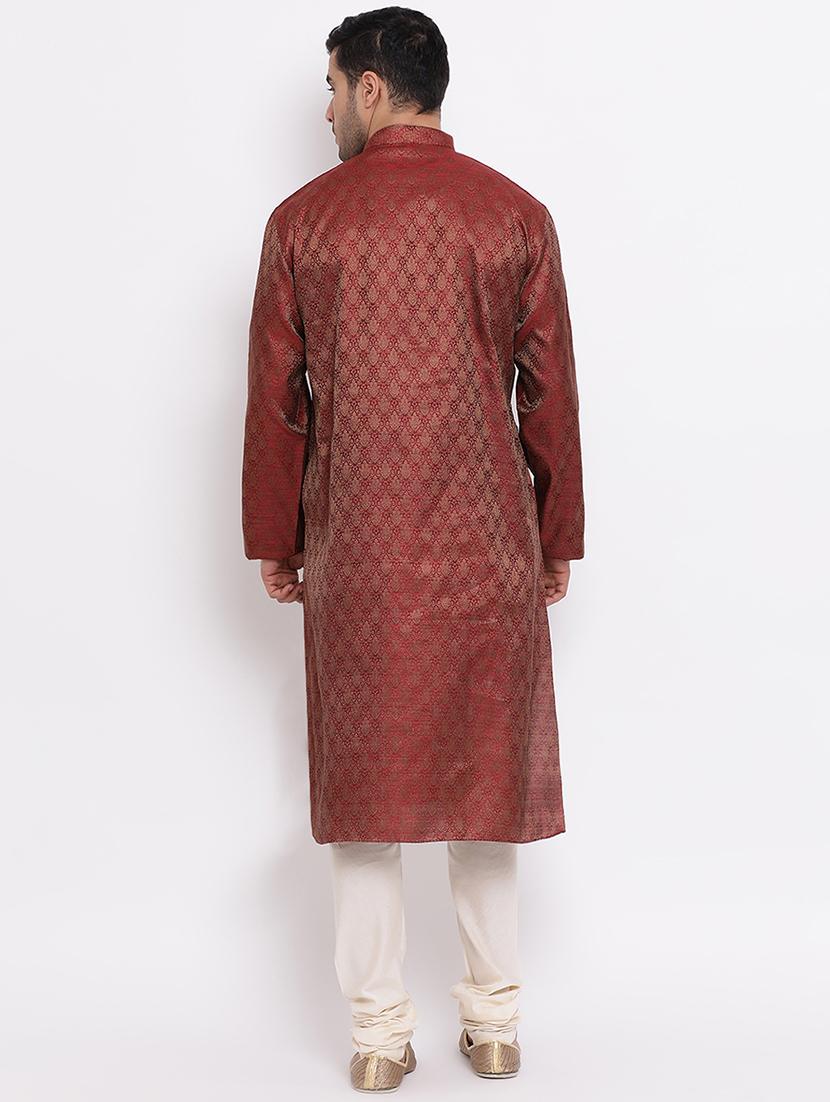 red pure silk jacquard kurta churidar set - 16943257 - Zoom Image - 4