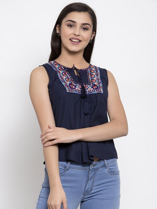 tie up neck embroidered top - 16950681 - Standard Image - 1
