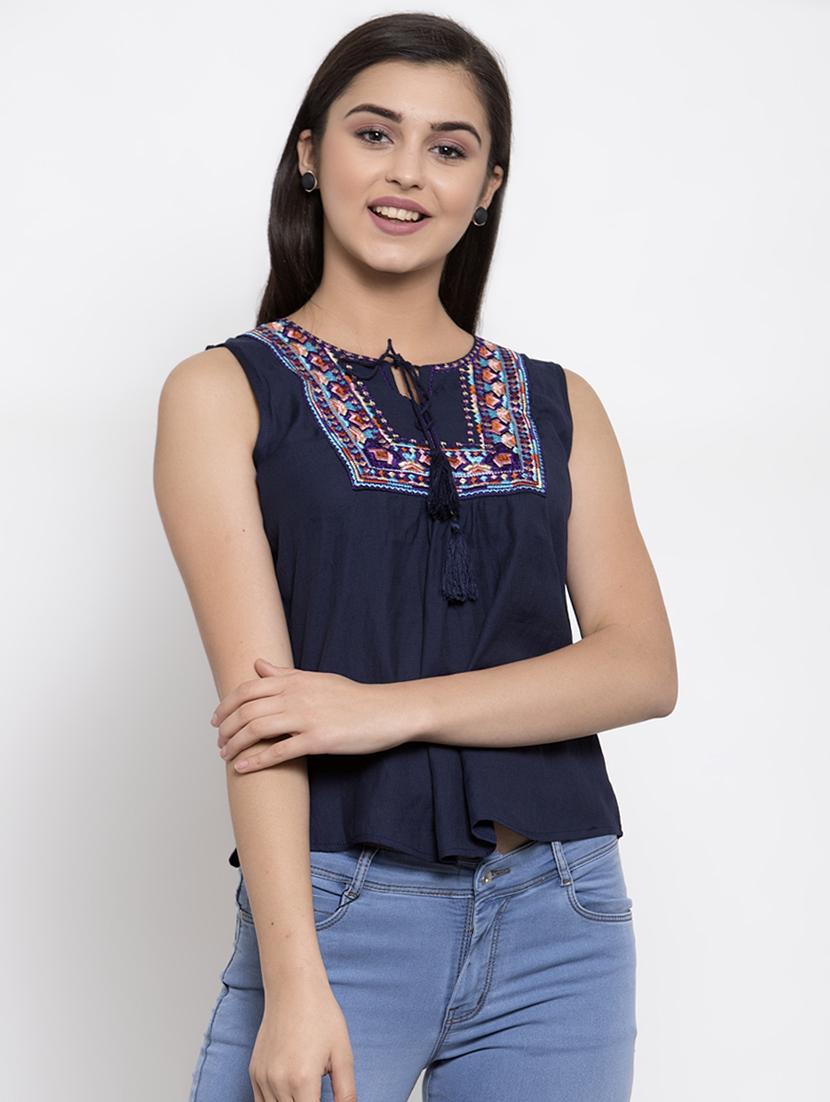 tie up neck embroidered top - 16950681 - Zoom Image - 1