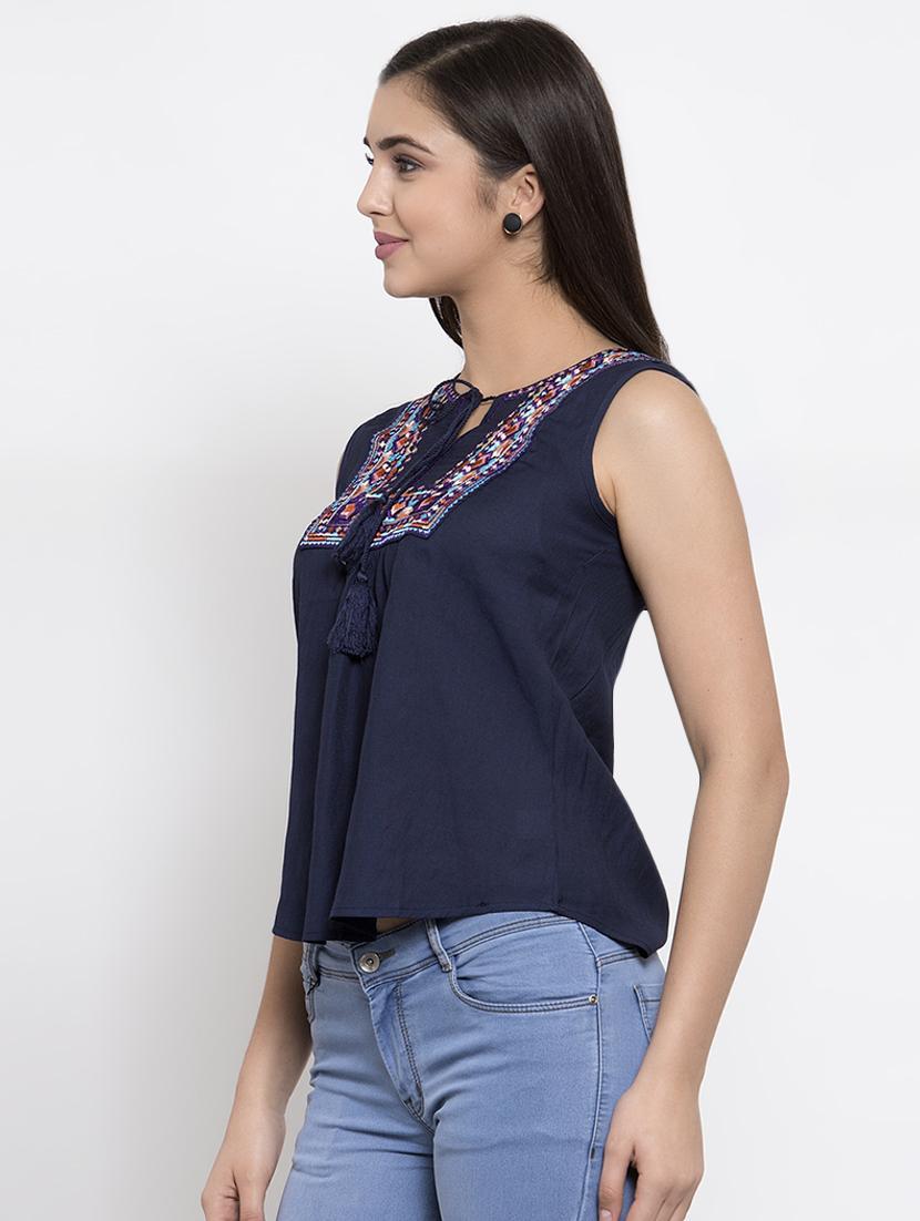tie up neck embroidered top - 16950681 - Zoom Image - 2