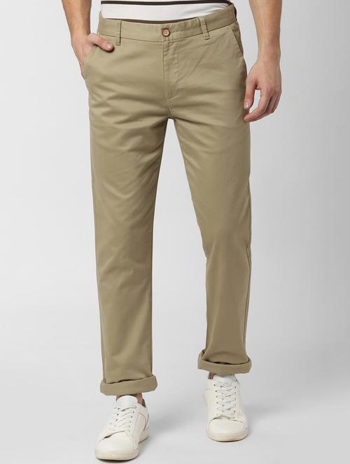beige solid flat front casual trouser - 16952088 - Standard Image - 1