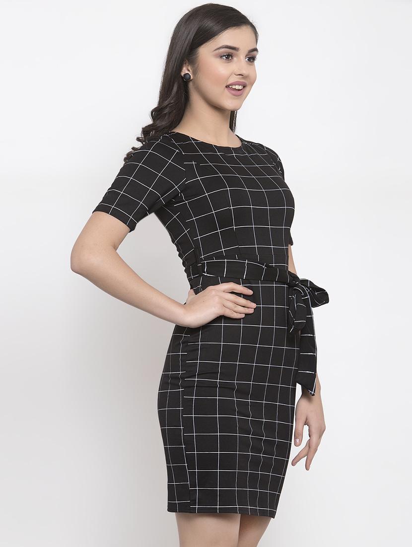 tie front grid pattern bodycon dress - 16952291 - Zoom Image - 2