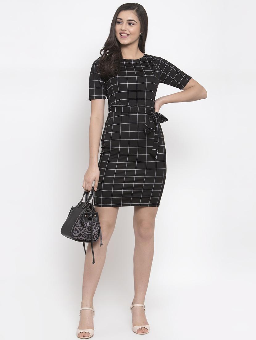 tie front grid pattern bodycon dress - 16952291 - Zoom Image - 4