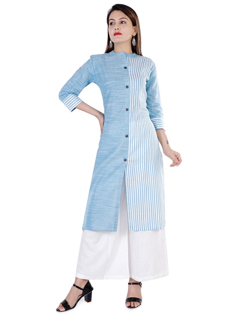 turquoise cotton kurta palazzo set - 16952649 - Zoom Image - 1