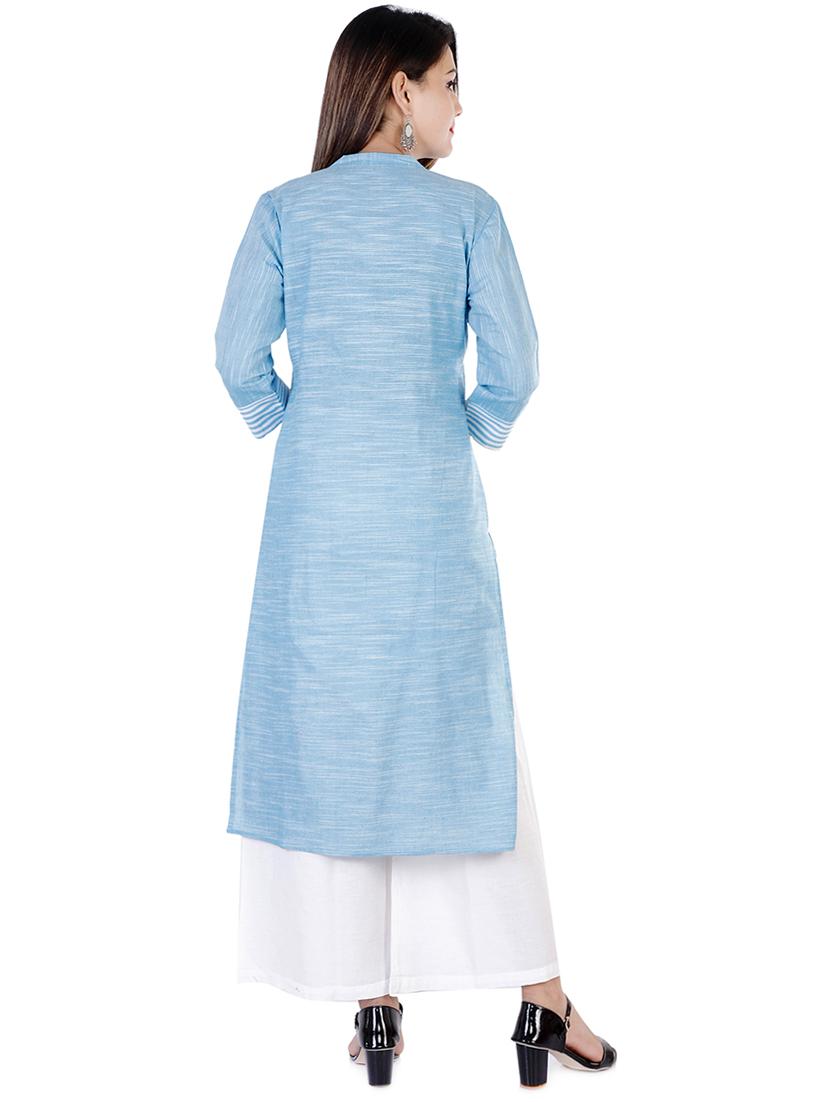 turquoise cotton kurta palazzo set - 16952649 - Zoom Image - 3