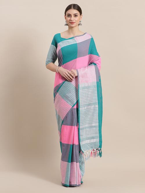 checkered woven saree with blouse - 16952943 - Standard Image - 1