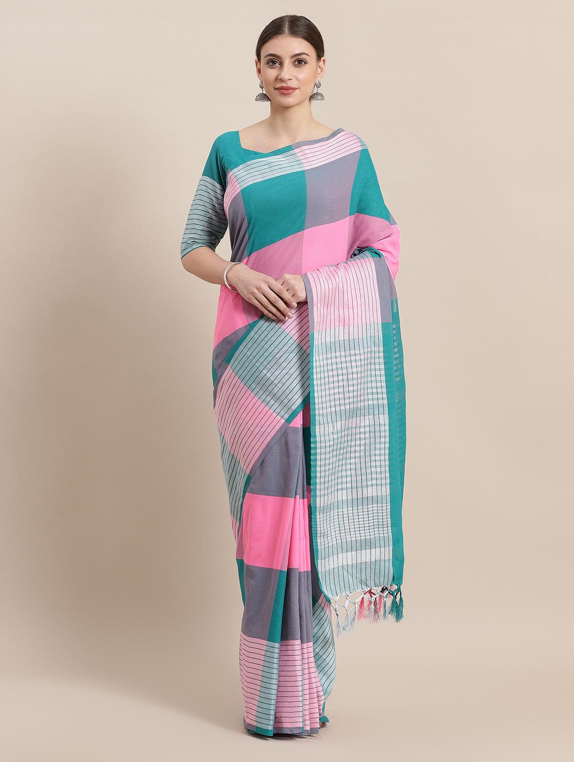 checkered woven saree with blouse - 16952943 - Zoom Image - 1