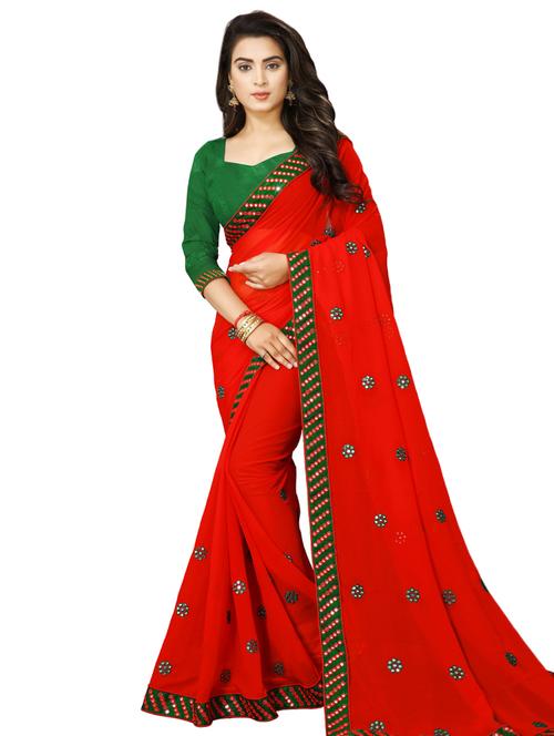 mirror work bordered saree with blouse - 16953047 - Standard Image - 1