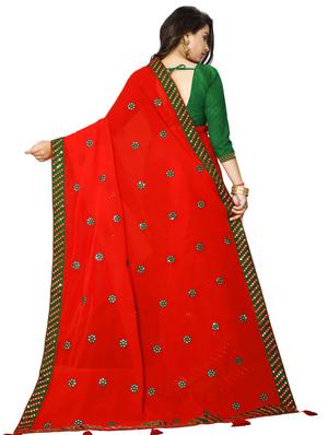 mirror work bordered saree with blouse - 16953047 - Standard Image - 2