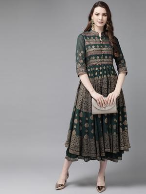foil print layered ethnic dress - 16953115 - Standard Image - 4