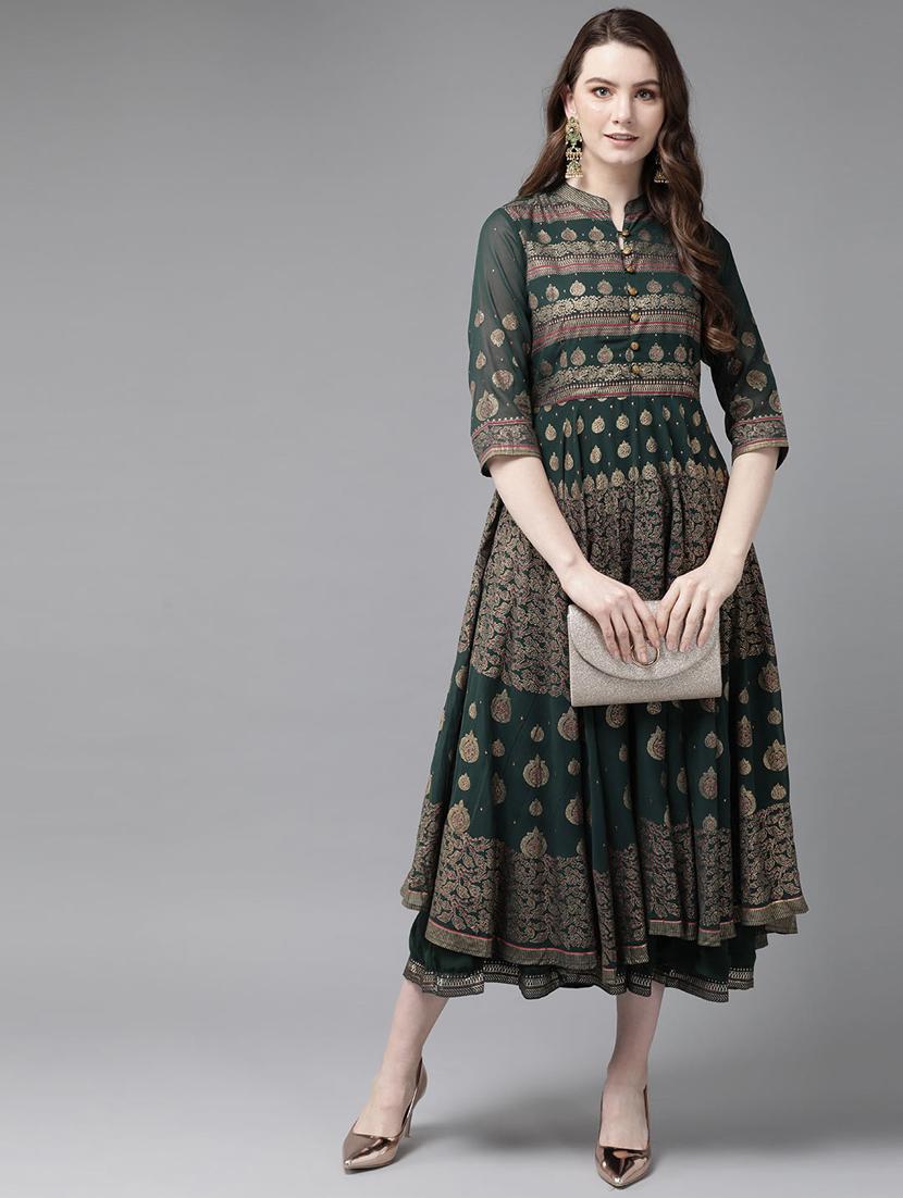 foil print layered ethnic dress - 16953115 - Zoom Image - 4