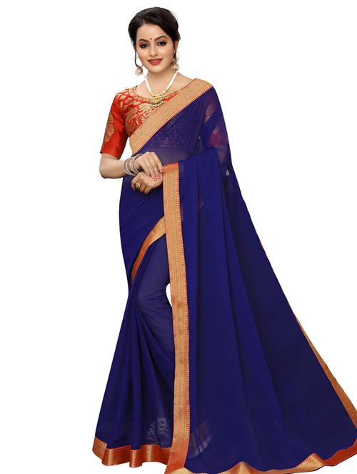 solid bordered saree with blouse - 16953189 - Very Small Image - 1