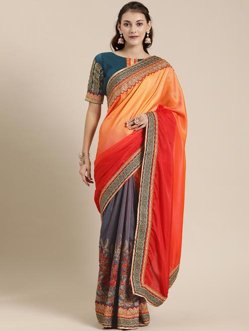 half & half embroidered saree with blouse - 16953656 - Standard Image - 1